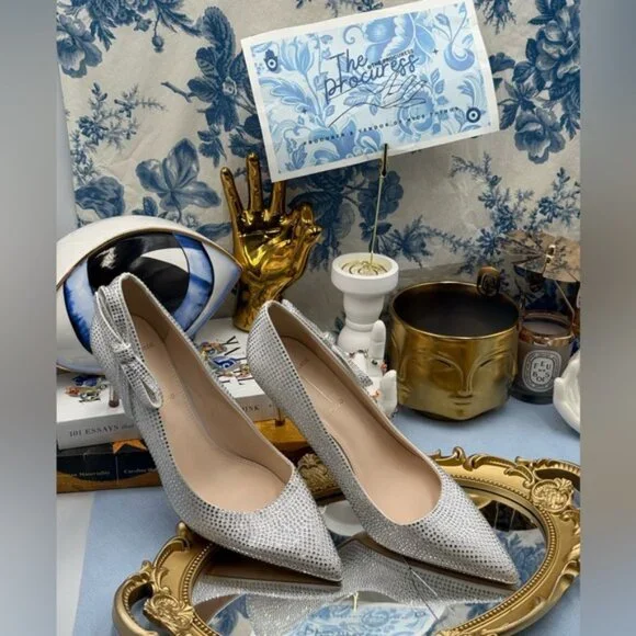 🆕 BLACK SUEDE STUDIO 🧿 NWOB White Satin Ribbon Rhinestone Heels, Sz 37 US 6.5 - Picture 2 of 16